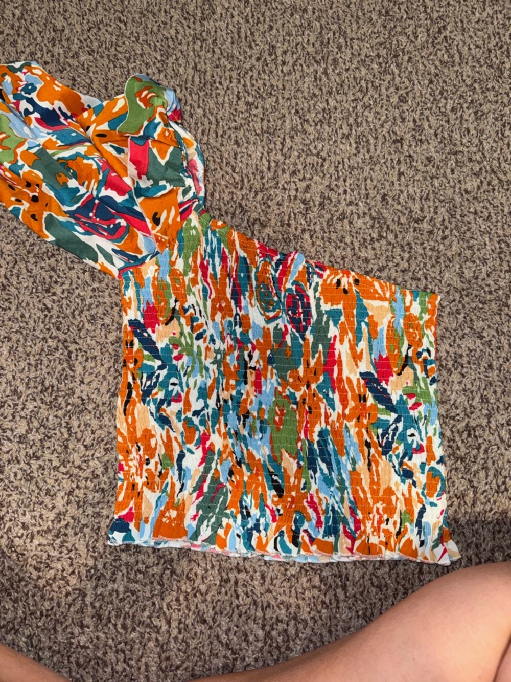 SHEIN Orange Multi Floral One-Shoulder Smocked Top